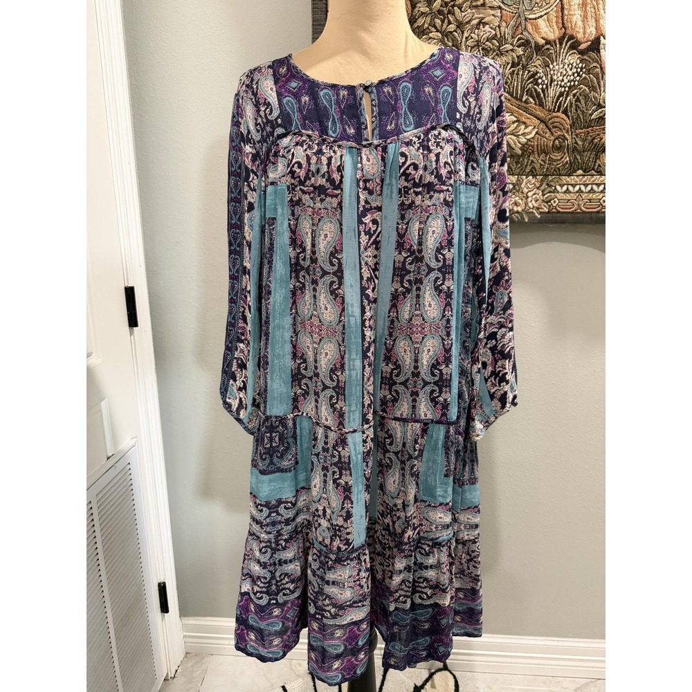 Lucky Brand Dress Womens Medium Multicolor Paisley Boho Swing Midi 3/4 Sleeve